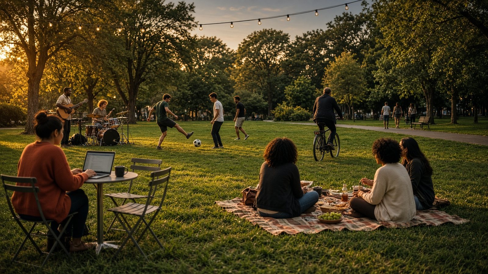 Party, Job am Laptop, Fußball, Picknick und kleines Konzert
